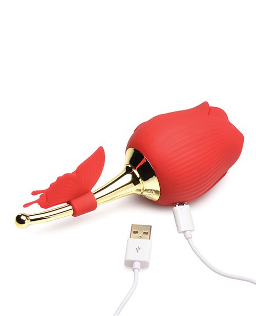 Inmi Bloomgasm Flutter Rose 10X Suction/Vibrator w/Butterfly Teaser - Red